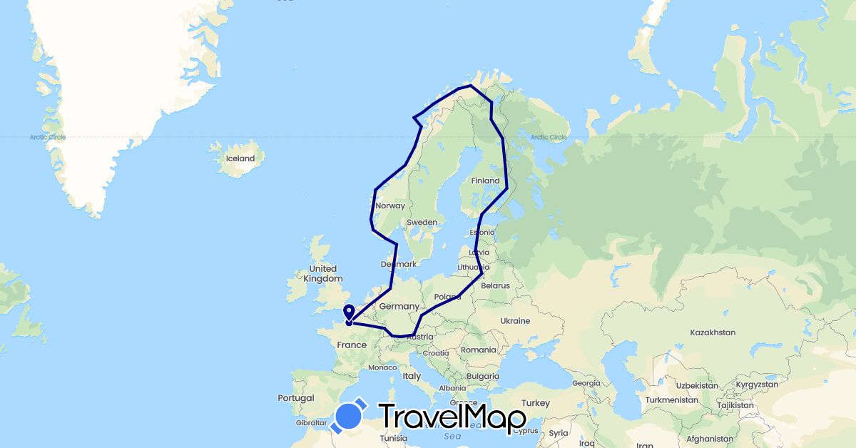 TravelMap itinerary: driving in Austria, Czech Republic, Germany, Denmark, Estonia, Finland, France, Lithuania, Latvia, Norway, Poland (Europe)
